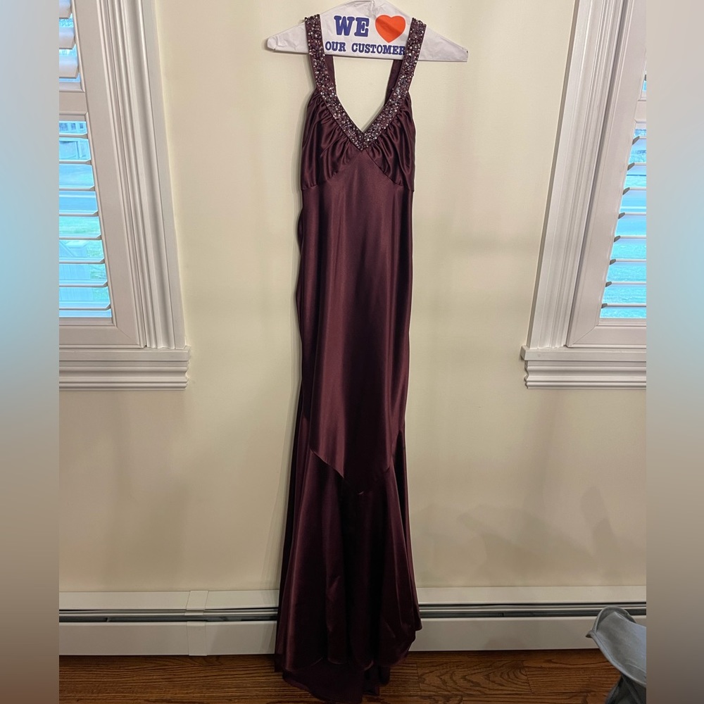 Caché Burgundy Satin Mermaid Dress With Beaded Sequins Detail